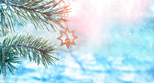 Christmas holiday background. snow-covered tree and Christmas star, symbol of Christmas on winter landscape background. soft selective focus. close up. shallow depth