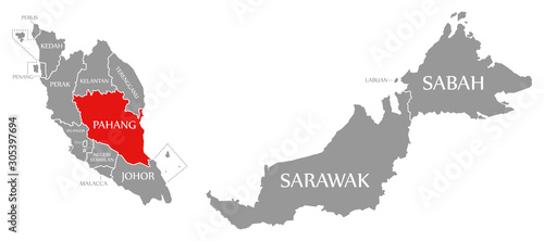 Pahang red highlighted in map of Malaysia