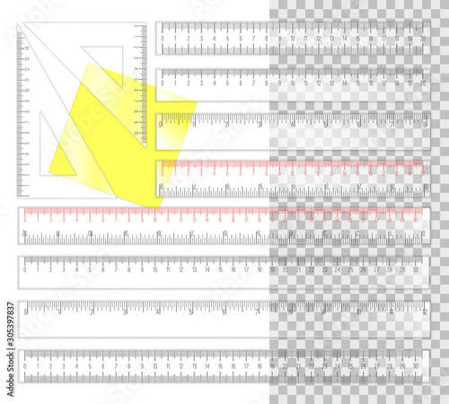 Vector plastic rulers. White scale ruler set on transparent background for drafting and measurement concepts, triangcle and line, cm and ins school geometric tools