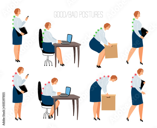 Ergonomic woman postures. Female correct and wrong position at work desk and box lifting, sitting and standing vector illustration with women models