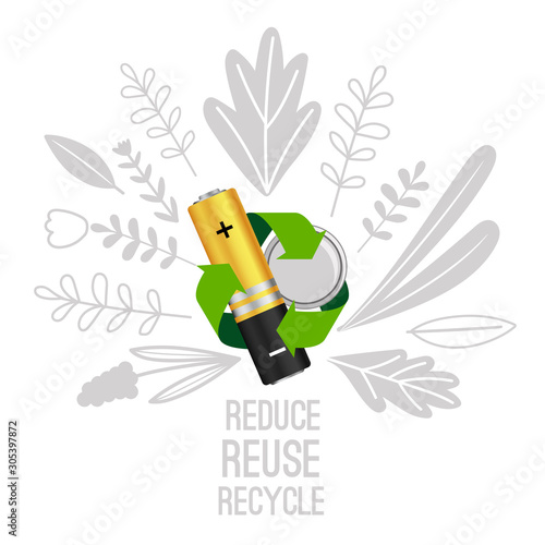Battery reuse and recycle. Electronic equipment batteries recycling concept, electronics waste reduce vector illustration