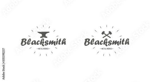 Set of blacksmith logos in black and white. Vector illustration of an anvil, crossed hammers and text with rays. Professional blacksmith services.