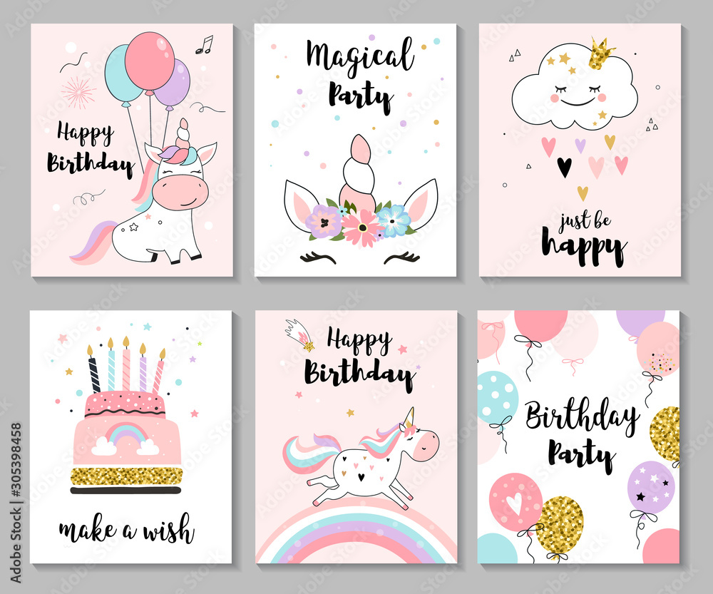 Happy birthday greeting card and nursery posters with cute ...