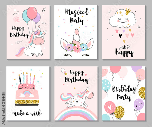 Obraz na plátně Happy birthday greeting card and nursery posters with cute unicorns