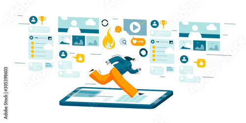 Woman runs on the phone. Metaphor of addiction on social networks. Funny character scrolls web pages and sites. Blue and orange colored picture. Conceptual vector illustration EPS 10 isolated on white