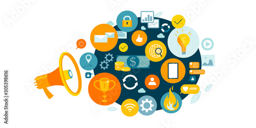 Marketing promotion concept. Megaphone surrounded by interface icons. Set of infographics for business. Yellow and blue colored picture. Forum content adds. Vector illustration EPS10 isolated on white