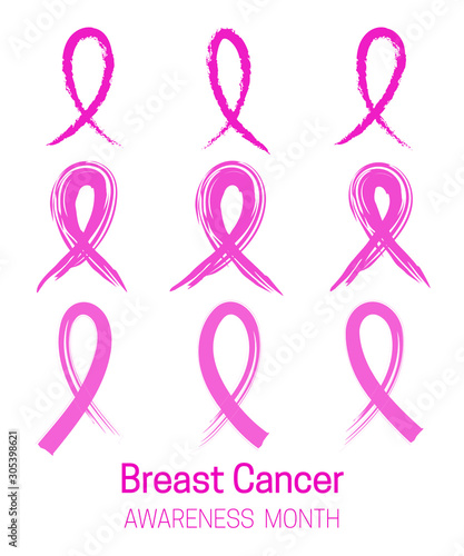 Set of pink ribbons cancer control symbol. Brush strokes. Isolated on white background. Vector illustration
