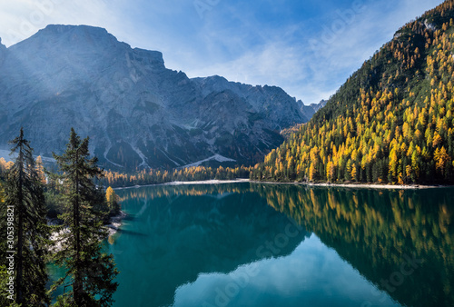 Autumn peaceful alpine lake Braies or Pragser Wildsee. Fanes-Sennes-Prags national park, South Tyrol, Dolomites Alps, Italy, Europe. © wildman