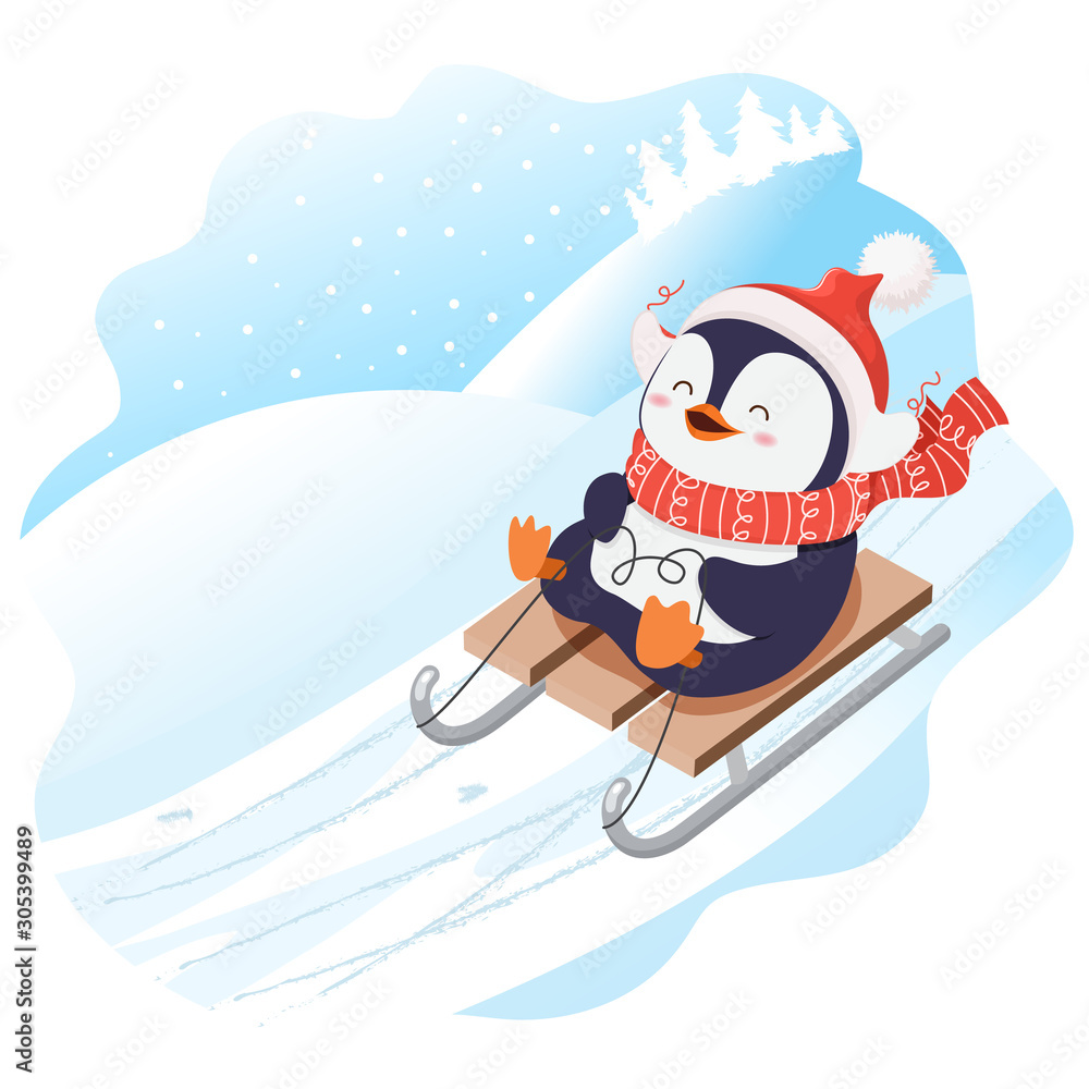 Obraz premium Cute penguin in red scarf and hat .Christmas character.Cartoon illustration