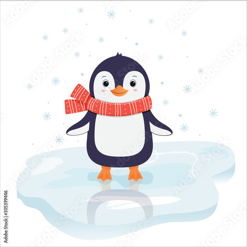 Cute penguin in red scarf and hat .Christmas character.