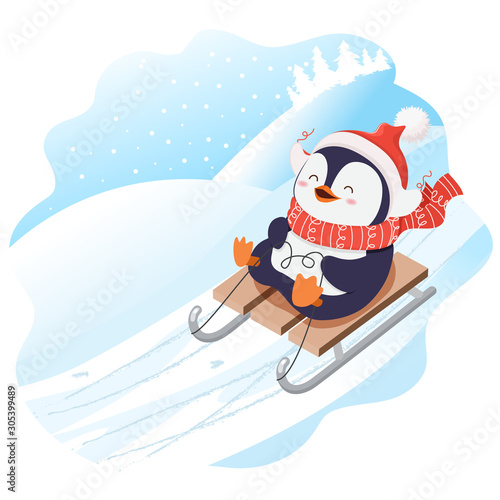 Cute penguin in red scarf and hat .Christmas character.Cartoon illustration