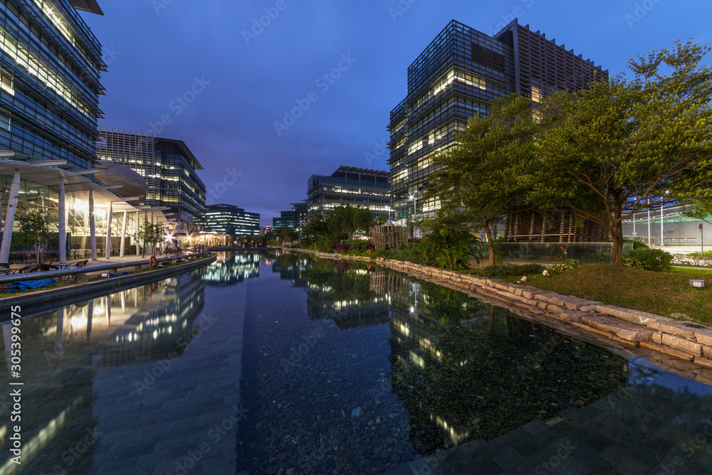 modern office building in Hong Kong city at dusk
