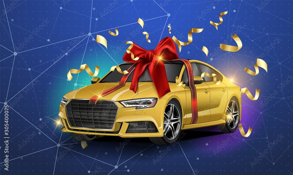 New car presentation, automobile lottery prize, expensive gift 3d
