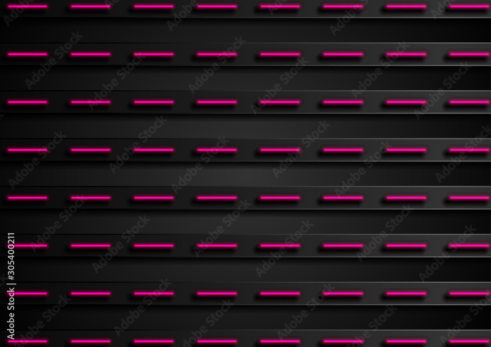 Black futuristic stripes with neon purple light. Abstract corporate geometric background. Hi-tech glowing graphic design. Vector illustration
