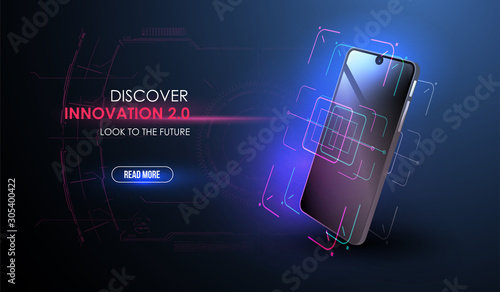 Innovative technology development and product analysis with HUD elements. Futuristic phone on dark background. Smartphone mockup with interface HUD.