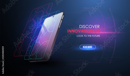 Hologram and virtual hud elements over screen smartphone. Technology Smart Phone Scanning. Innovative technology concept. Development and coding for phone.