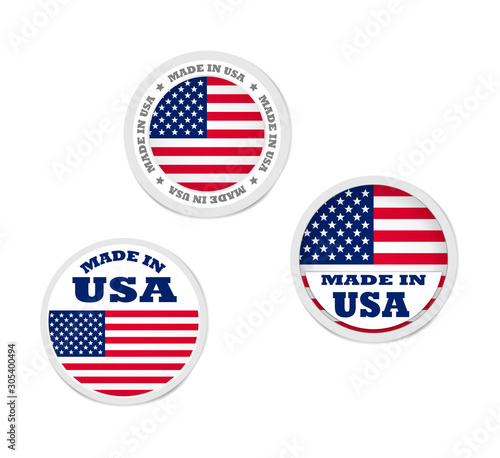 Made in USA round label stickers, vector set. Merchandise tag with US flag