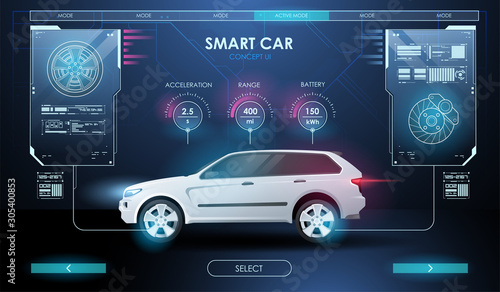 Car service in the style of HUD. Virtual graphical interface. Scanning Car, Analysis and Diagnostics Vehicle. Selection of Car Parts.