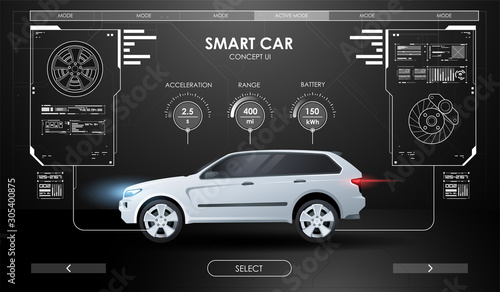 Car service in the style of HUD. Virtual graphical interface. Scanning Car, Analysis and Diagnostics Vehicle. Selection of Car Parts.