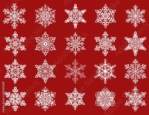 Set of snowflake icon vector. Isolated object on a red background.