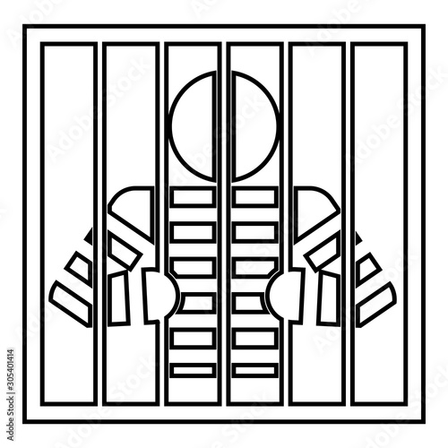 Prisoner behind bars holds rods with his hands Angry man watch through lattice in jail Incarceration concept icon outline black color vector illustration flat style image