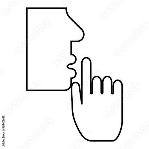 Keep silence concept Man shows index finger quietly Person closed his mouth Shut his lip Shh gesture Stop talk please theme Mute icon outline black color vector illustration flat style image
