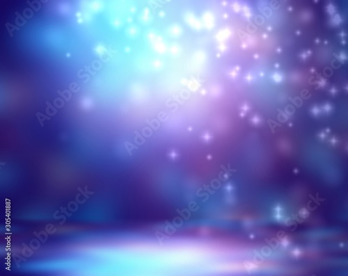 Glitter sparkles falls from above in magical room. Magical flares on wall and floor. Empty wonderful studio background. Blue purple blurred texture. Defocus 3d illustration. Fairytale interior.