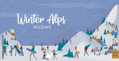 Winter Alps holidays background with active people. Winter outdoor activities, People ice skating, skiing, snowboarding, sledding and have fun.