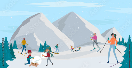 Winter Alps holidays background with active people. Winter outdoor activities, People ice skating, skiing, snowboarding, sledding and have fun.