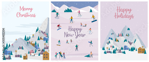 Winter Alps holidays greeting card set. Winter outdoor activities, People ice skating, skiing, snowboarding, sledding.