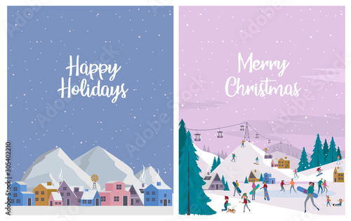 Winter Alps holidays greeting card set. Winter outdoor activities, People ice skating, skiing, snowboarding, sledding.
