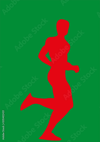 Silueta roja de un deportista corriendo sobre fondo verde.