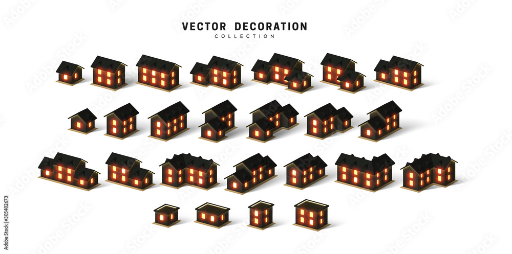 Fototapeta premium Set of isometric two and one-story houses, cottages and buildings, in windows is lit light