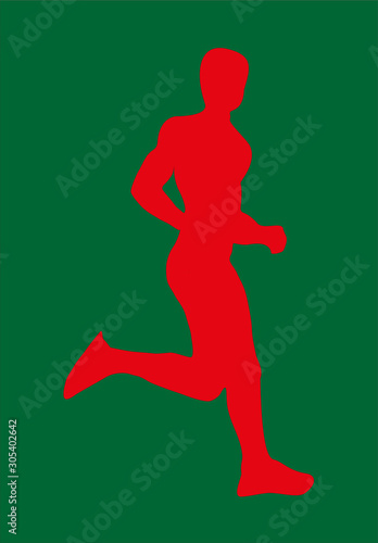 Silueta roja de un deportista corriendo sobre fondo verde.