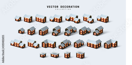 Canvas Print Set of isometric two and one-story houses, cottages and buildings