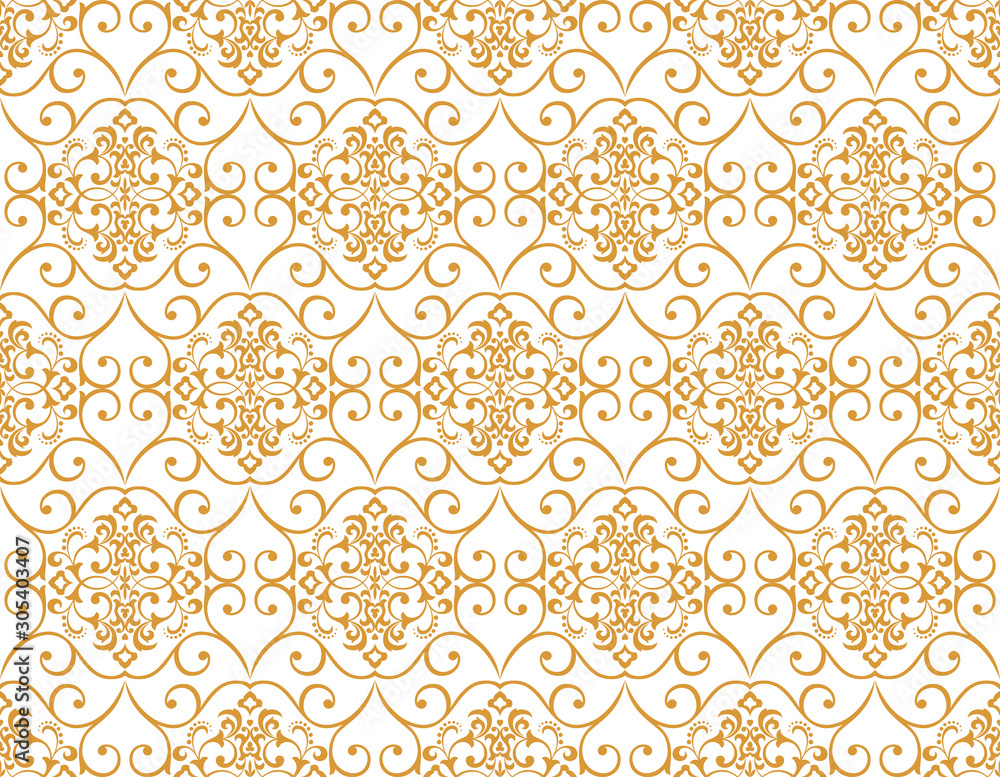 Wallpaper in the style of Baroque. Seamless vector background. White and gold floral ornament. Graphic pattern for fabric, wallpaper, packaging. Ornate Damask flower ornament Wallpaper in the style of Baroque. Seamless vector background. White and gold floral ornament. Graphic pattern for fabric, wallpaper, packaging. Ornate Damask flower ornament