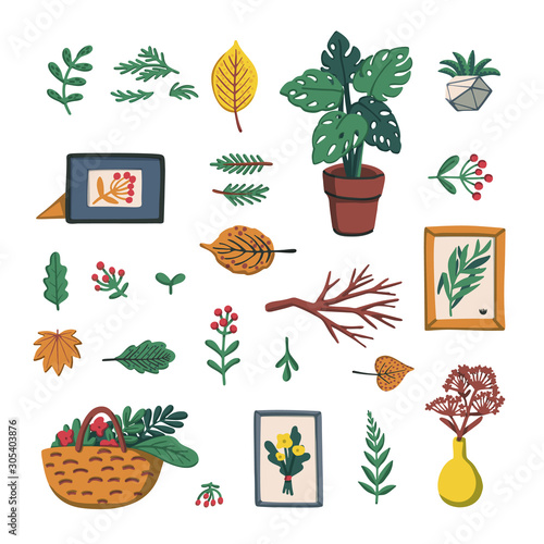 Lagom. Concept of Scandinavian lifestyle. Illustration with plants and cozy h...
