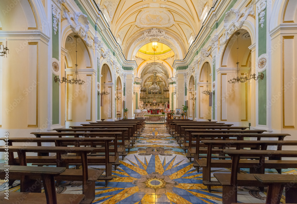 NAPLES, ITALY - 10.05.2018: Interiors and details of the Duomo, cathedral of Praiano church, Amalfi Coast. Built for saint Januarius, Campania, Italy in summer.