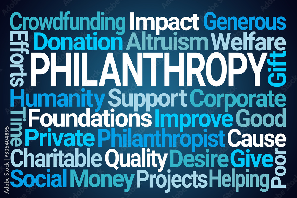 Philanthropy Word Cloud on Blue Background Philanthropy Word Cloud on Blue Background