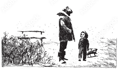 Vector sketch. A father and child walking on a winter evening