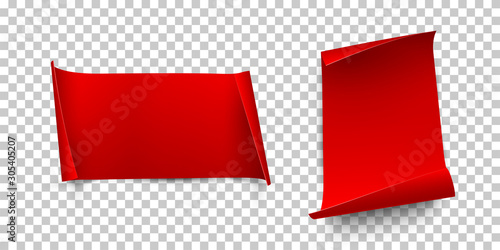 Red vertical and horizontal paper sheets with curled edges isolated on transparent background. Vector design elements.