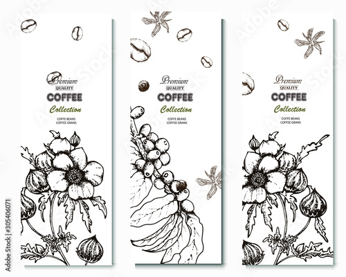 Coffee illustration. Hand drawn vector banner. Coffee beans, bag,