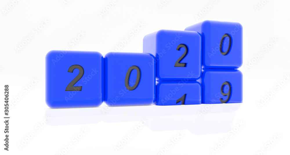 happy new year 2020 coming and 2019 leaves, 3d illustration of blue dice in a white background happy new year 2020 coming and 2019 leaves, 3d illustration of blue dice in a white background
