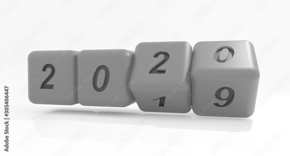 2020 New year change, turn. 2020 start 2019 end, grey dice isolated against white background. 3d illustration 2020 New year change, turn. 2020 start 2019 end, grey dice isolated against white background. 3d illustration
