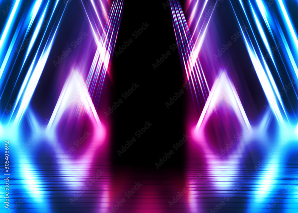 Empty dark abstract background. Background of empty show scene. Glow of neon lights on an empty stage. Dark tunnel Empty dark abstract background. Background of empty show scene. Glow of neon lights on an empty stage. Dark tunnel
