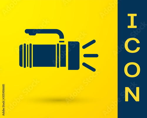 Blue Flashlight icon isolated on yellow background. Tourist flashlight handle. Vector Illustration