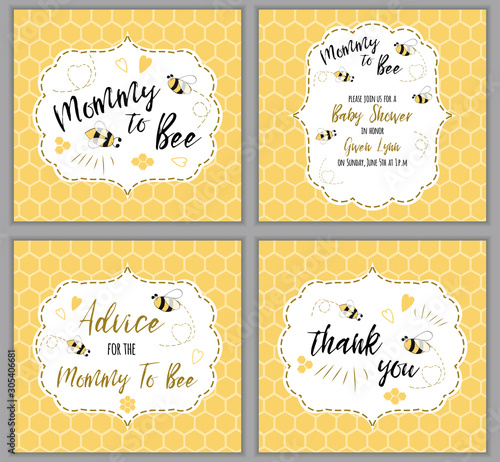 Baby shower invitation template Mommy to Bee, honey. Mothers Day cards set Yellow oneycomb background