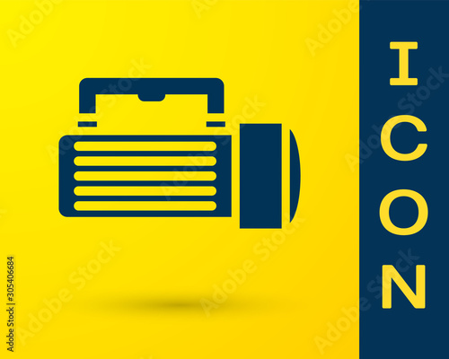 Blue Flashlight icon isolated on yellow background. Tourist flashlight handle. Vector Illustration