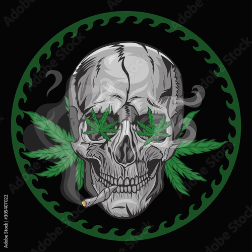 Skull smokes marijuana on a black background. Vector graphics.