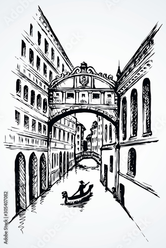 Street canal in Venice. Vector drawing